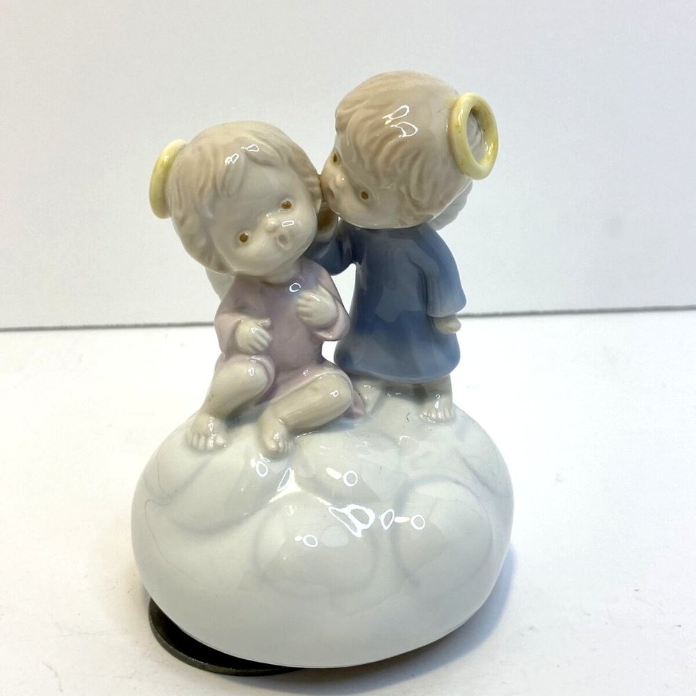 Vintage RR Roman Porcelain Music Box Baby Angel & Friend You've Got A Friend